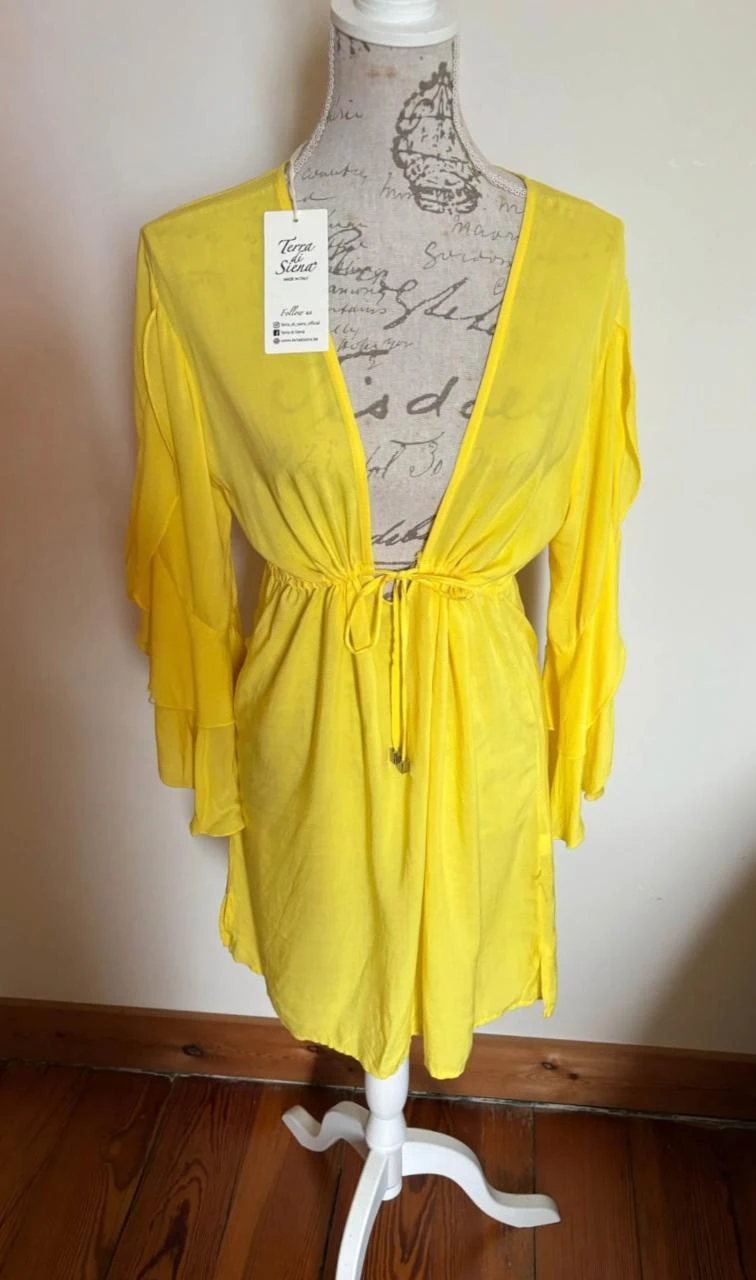 🌞 Long-sleeved yellow beach dress with ruffles – Size M – photo 3